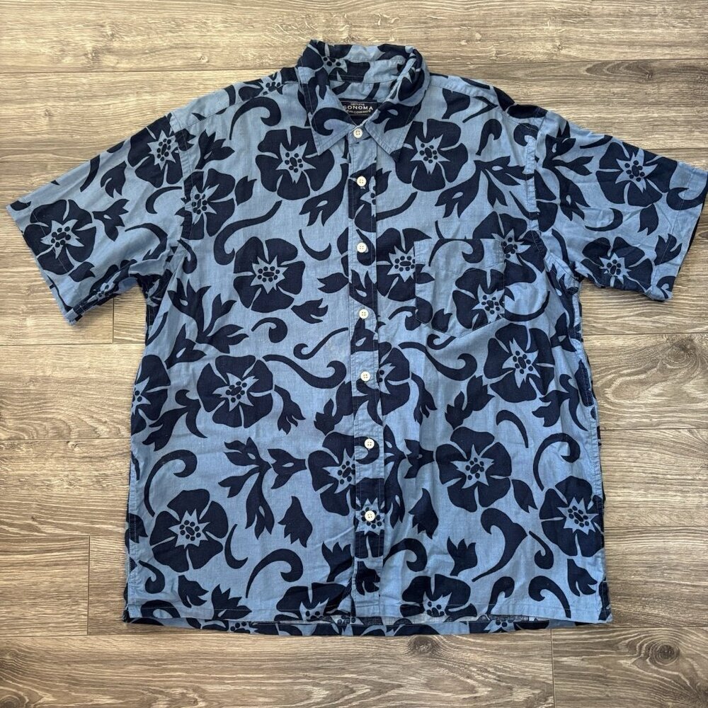 Sonoma Mens L Hawaiian‎ Button Down Shirt Blue Aloha Tropical Camp Beach Flowers